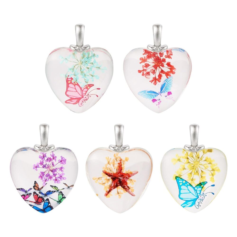 5424 5 Pcs Dried Flower Glass Pendant Charms Heart Flower Charms